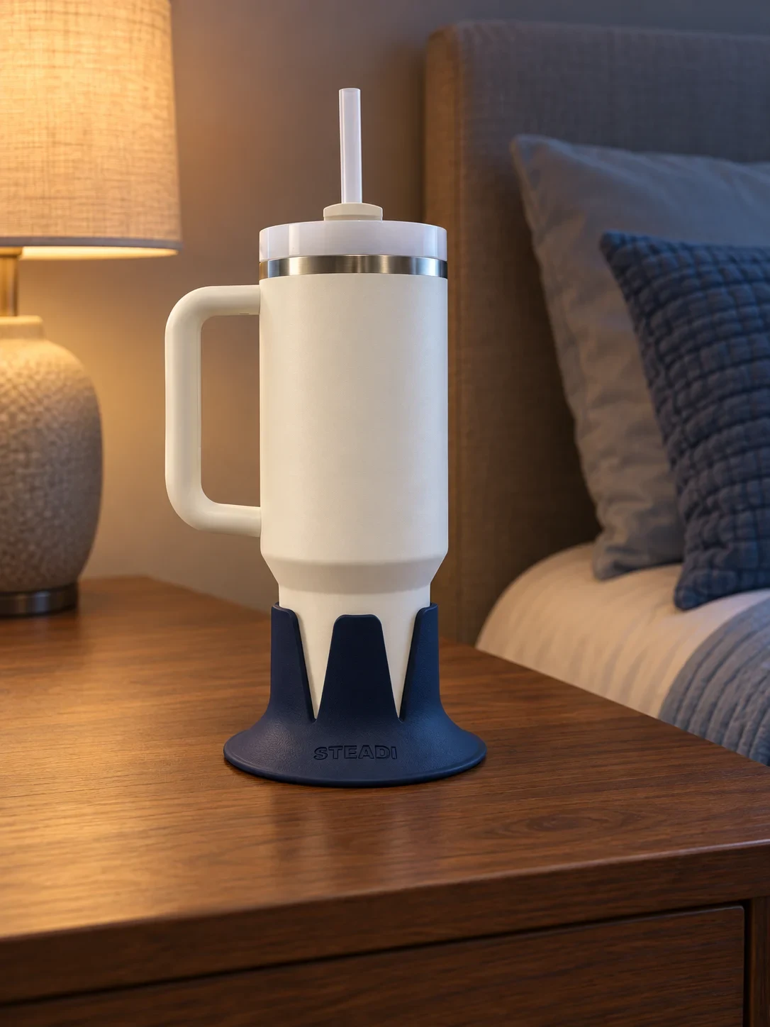 A water tumbler in a navy Steadi on a bedside table. AI lifestyle illustration.