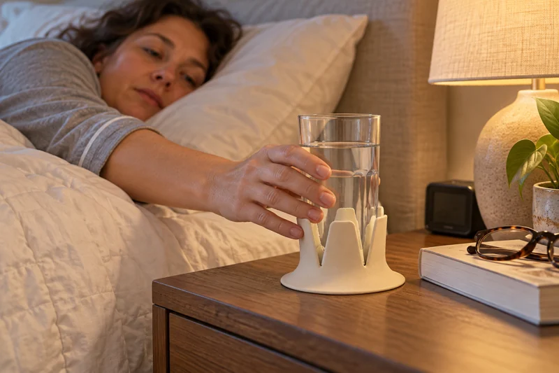 Half-asleep reach for water beside a lamp with open straight-sided water glass in Steadi on clear reachable part of the actual bedside nightstand. AI illustration.